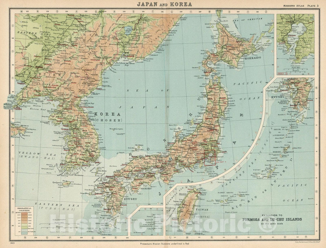 Historic Map : World Atlas Map, Plate 3. Japan and Korea. Extension to Formosa and Lu-Chu Islands. 1923 - Vintage Wall Art