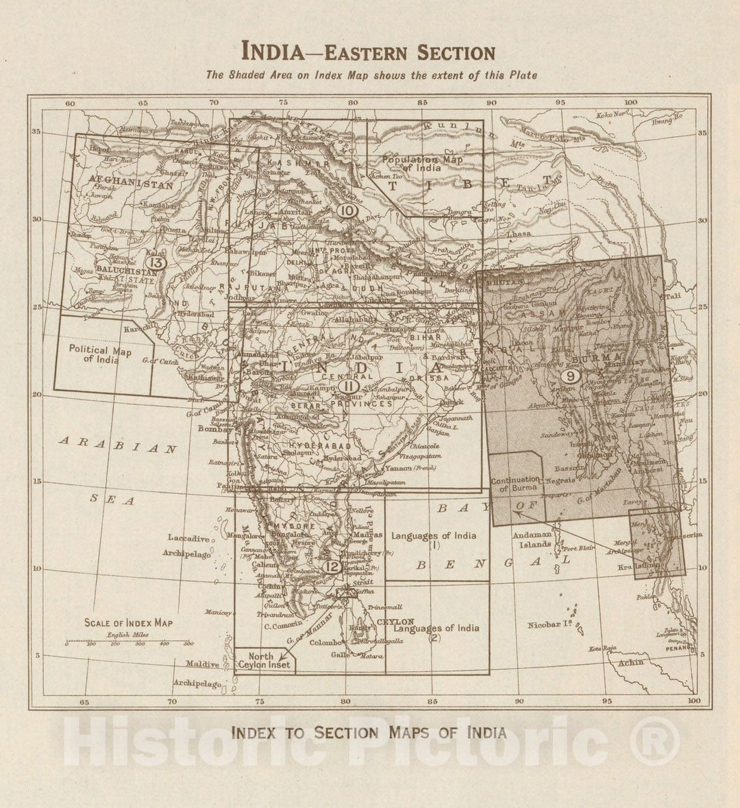 Historic Wall Map : Index Map: India - Eastern Section. Index to Section Maps of India, 1925 - Vintage Wall Art