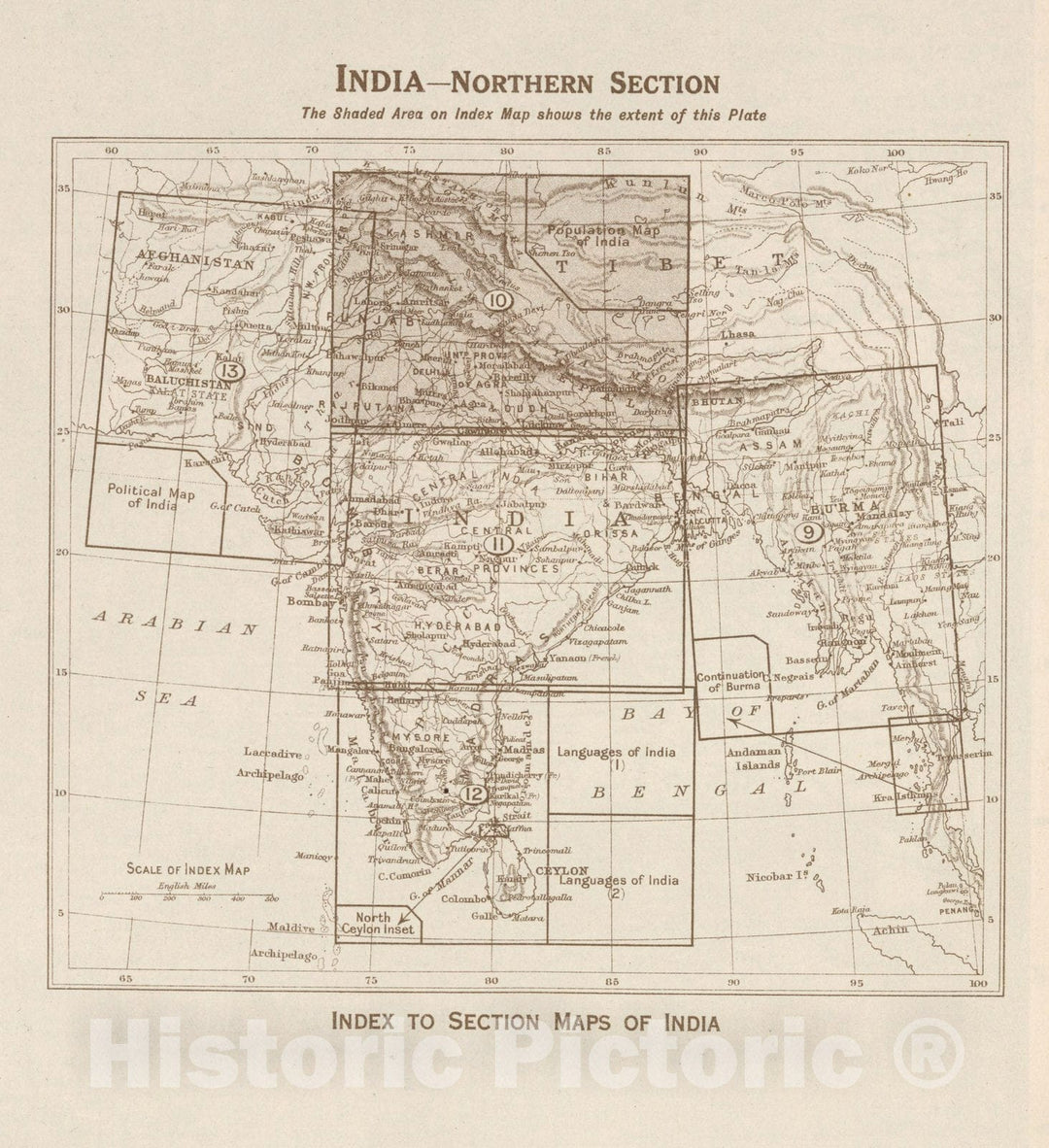 Historic Wall Map : Index Map: India - Northern Section. Index to Section Maps of India, 1925 - Vintage Wall Art