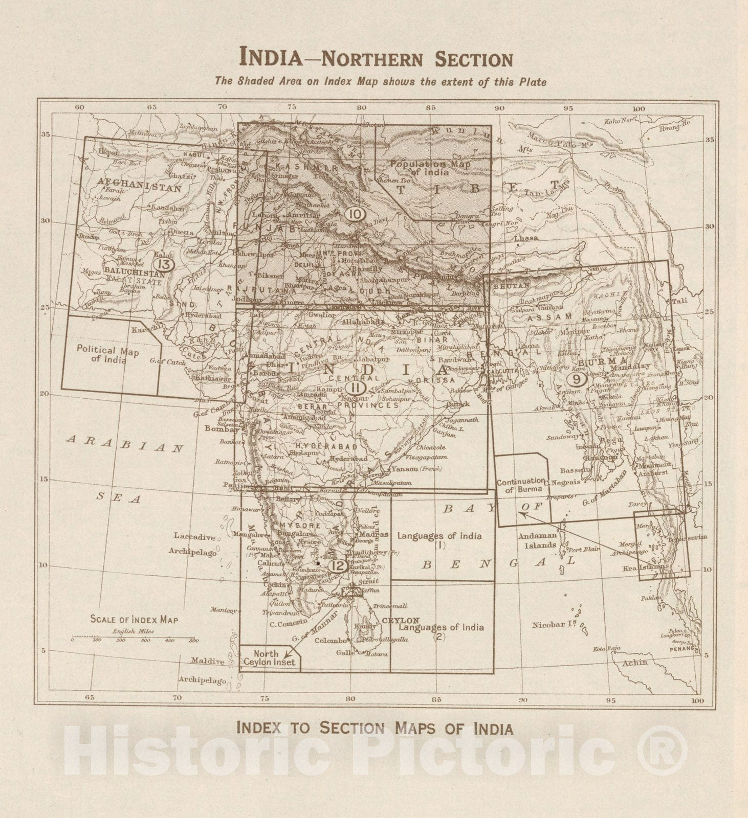 Historic Wall Map : Index Map: India - Northern Section. Index to Section Maps of India, 1925 - Vintage Wall Art