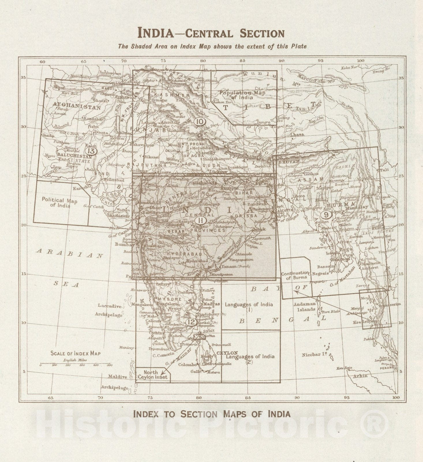 Historic Wall Map : Index Map: India - Central Section. Index to Section Maps of India, 1925 - Vintage Wall Art