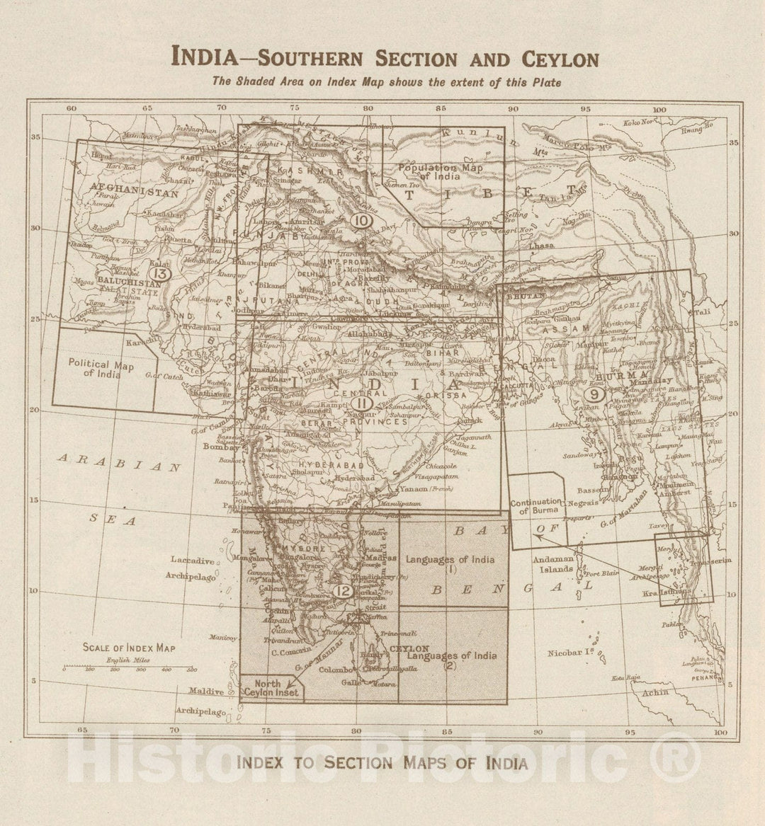 Historic Wall Map : Index Map: India - Southern Section and Ceylon. Index to Section Maps of India, 1925 - Vintage Wall Art