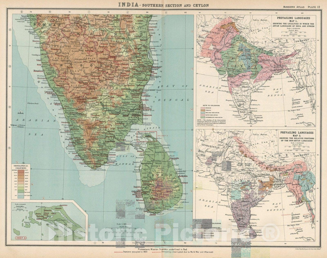 Historic Wall Map : World Atlas Map, Plate 12. India - Southern Section and Ceylon. 1925 - Vintage Wall Art