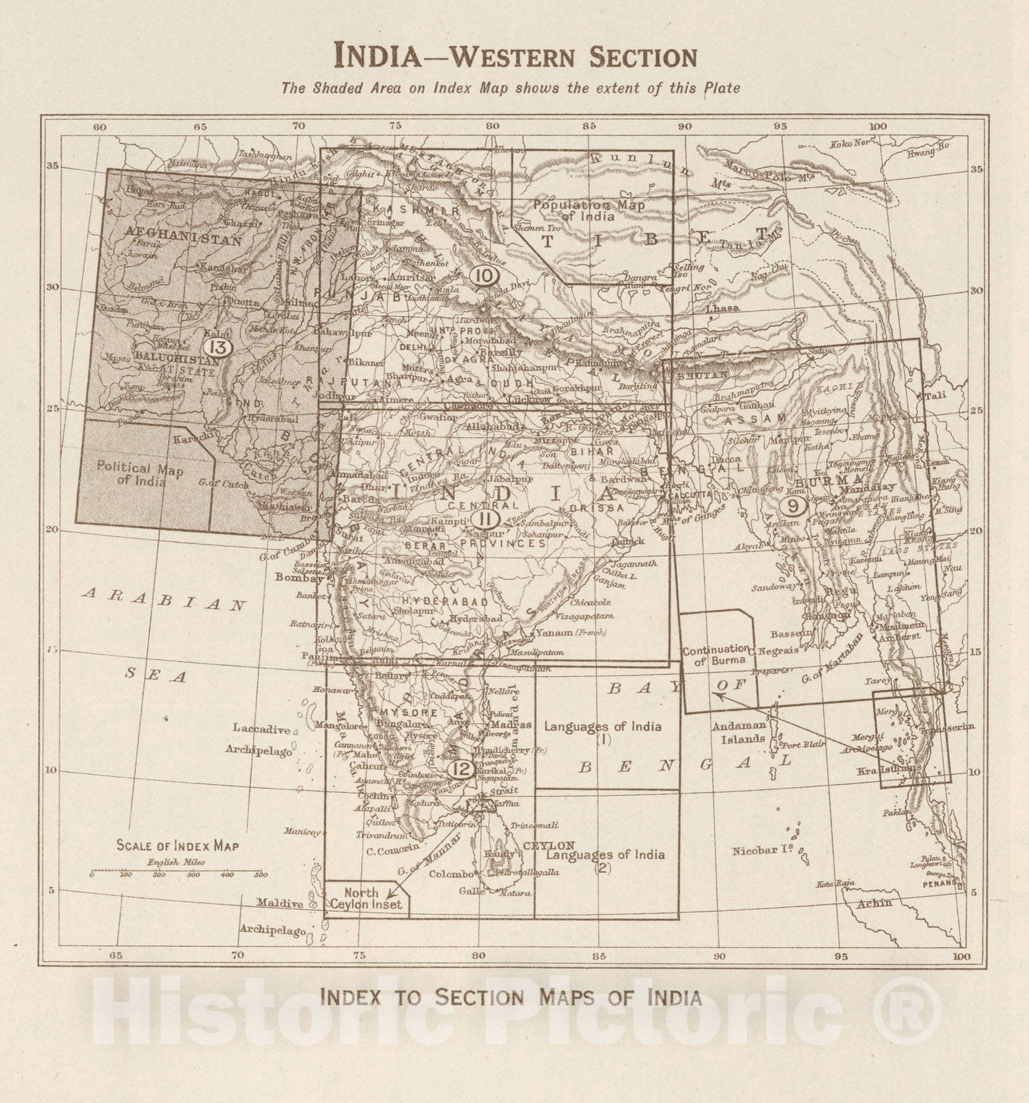 Historic Wall Map : Index Map: India - Western Section. Index to Section Maps of India, 1923 - Vintage Wall Art