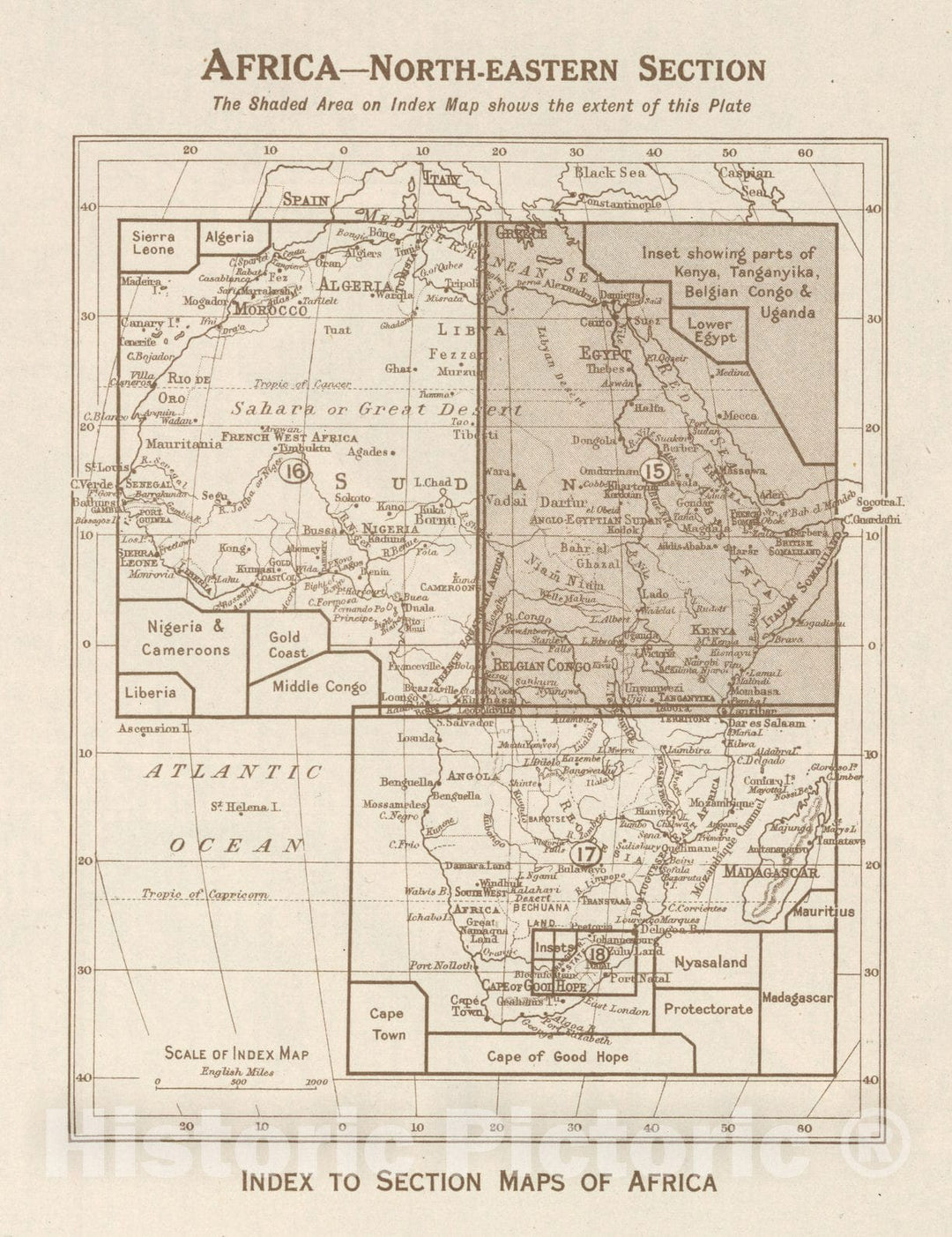 Historic Wall Map : Index Map: Africa - North-eastern Section. Index to Section Maps of Africa, 1925 - Vintage Wall Art