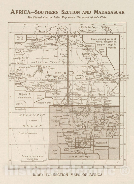 Historic Wall Map : Index Map: Africa - Southern Section and Madagascar. Index to Section Maps of Africa, 1925 - Vintage Wall Art