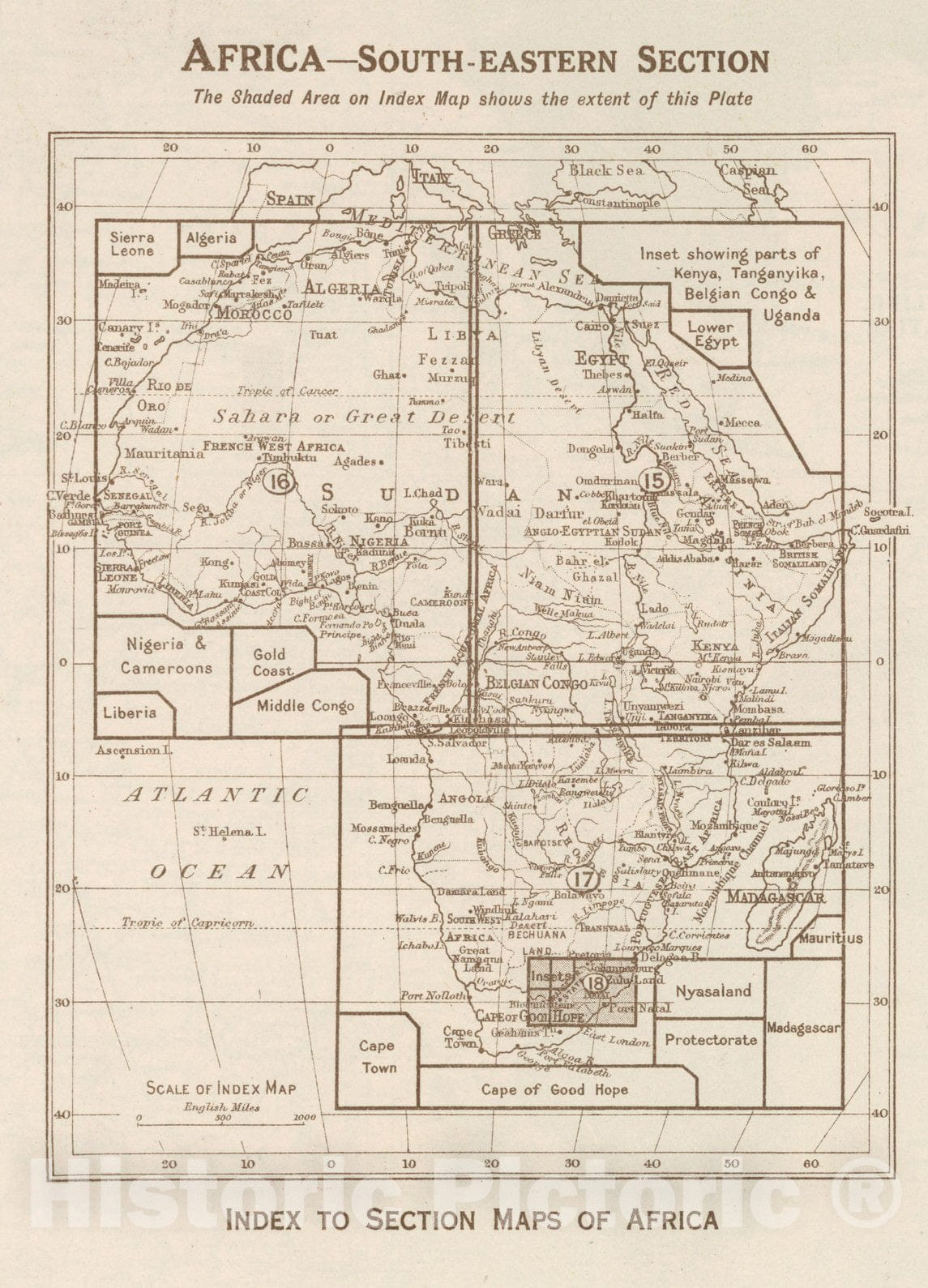 Historic Wall Map : Index Map: Africa - South-eastern Section. Index to Section Maps of Africa, 1925 - Vintage Wall Art