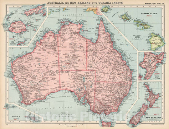 Historic Map : World Atlas Map, Plate 20. Australia and New Zealand with Oceania Insets. 1925 - Vintage Wall Art