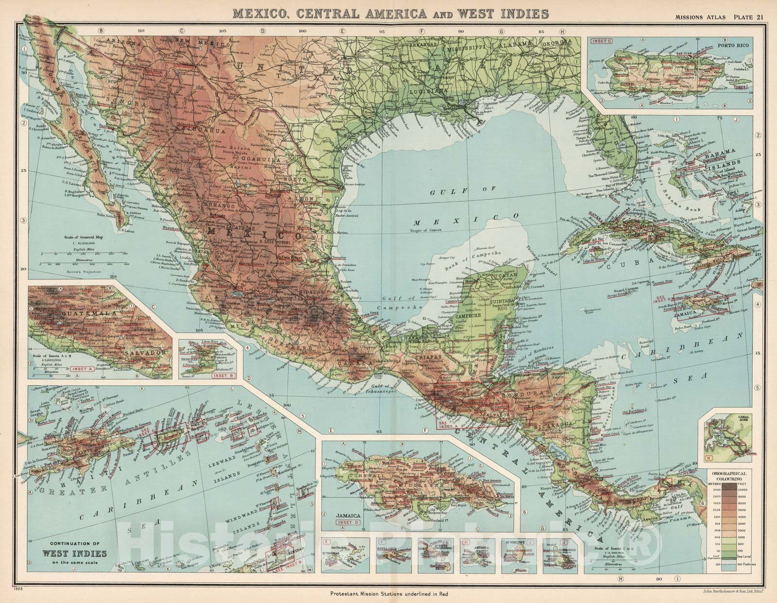 Historic Map : World Atlas Map, Plate 21. Mexico, Central America and West Indies. 1923 - Vintage Wall Art