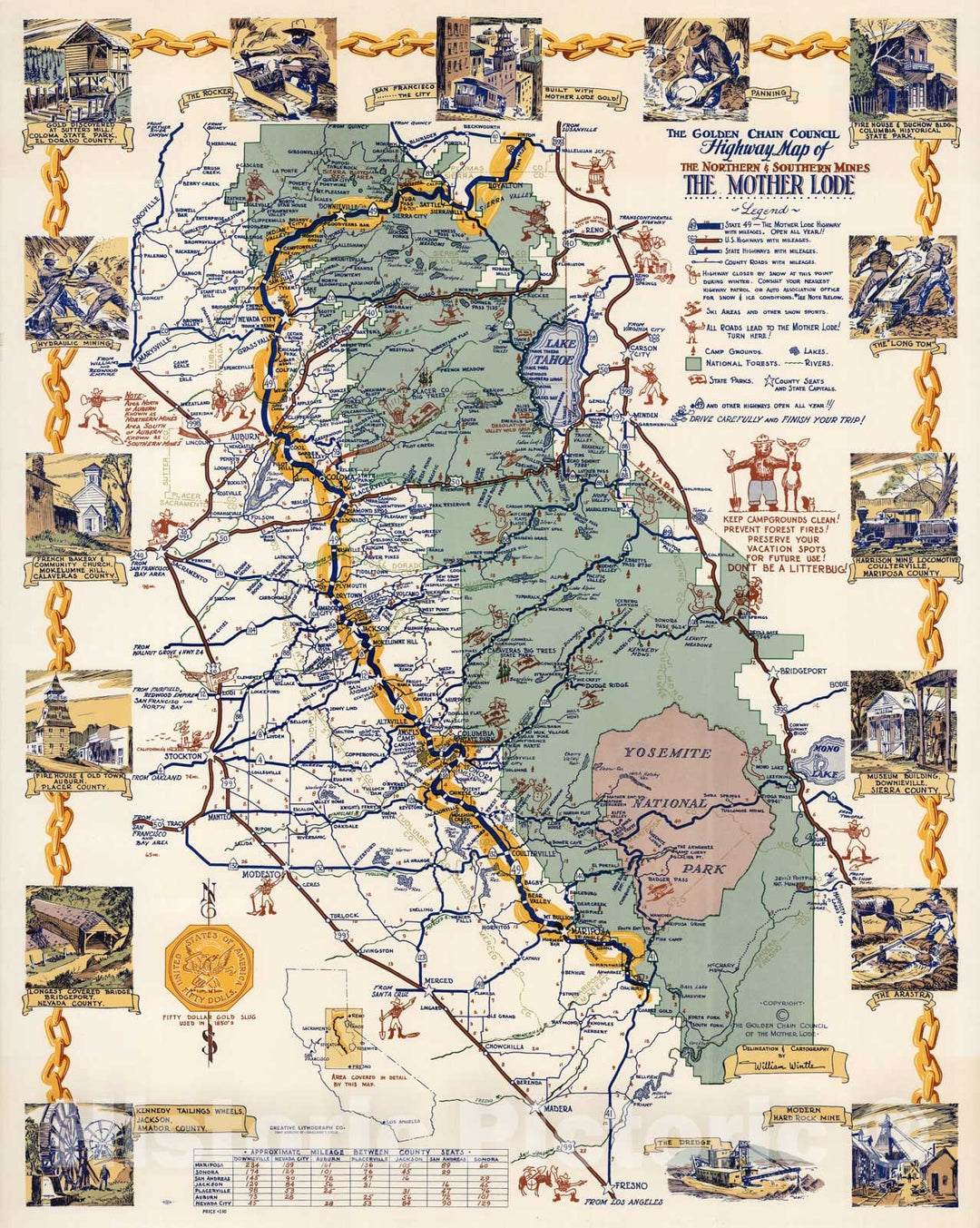 Historic Map - Golden Chain Council: Highway map of the northern & southern mines of Mother Lode, 1960 - Vintage Wall Art