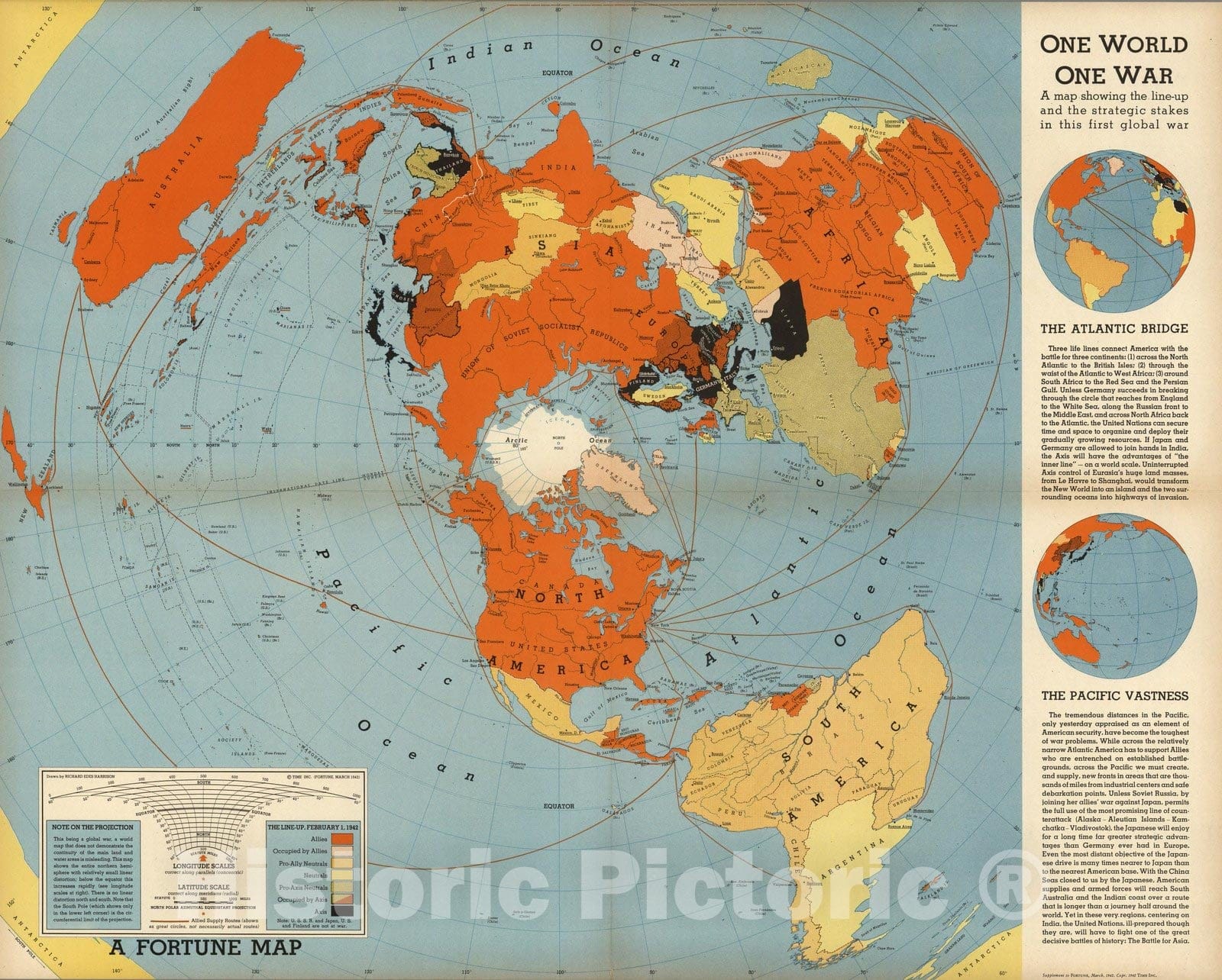 Historic Map : One world, one war. Drawn by Richard Harrison 1942 - Vintage Wall Art