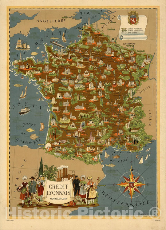 Historic Map : France, (France). Credit Lyonnais; Fonde en 1863. Lucien Boucher 1960 , Vintage Wall Art