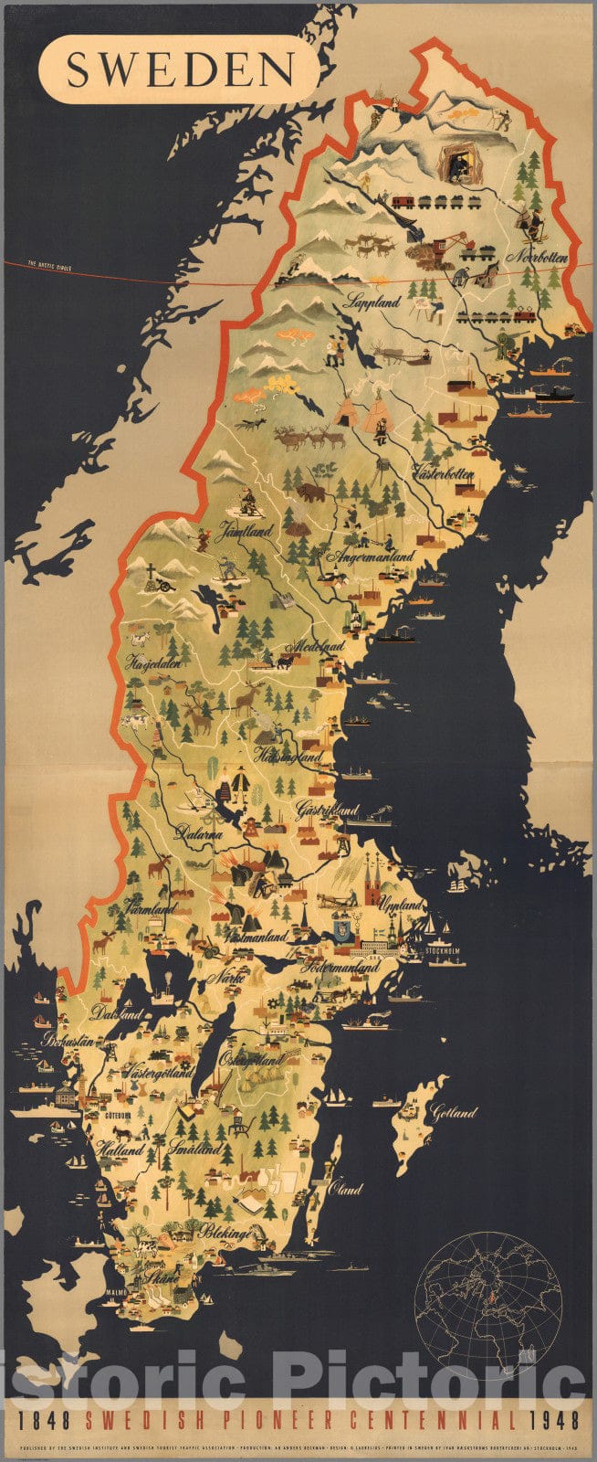 Historic Map - Sweden : 1848 Swedish Pioneer Centennial 1948 - Vintage Wall Art