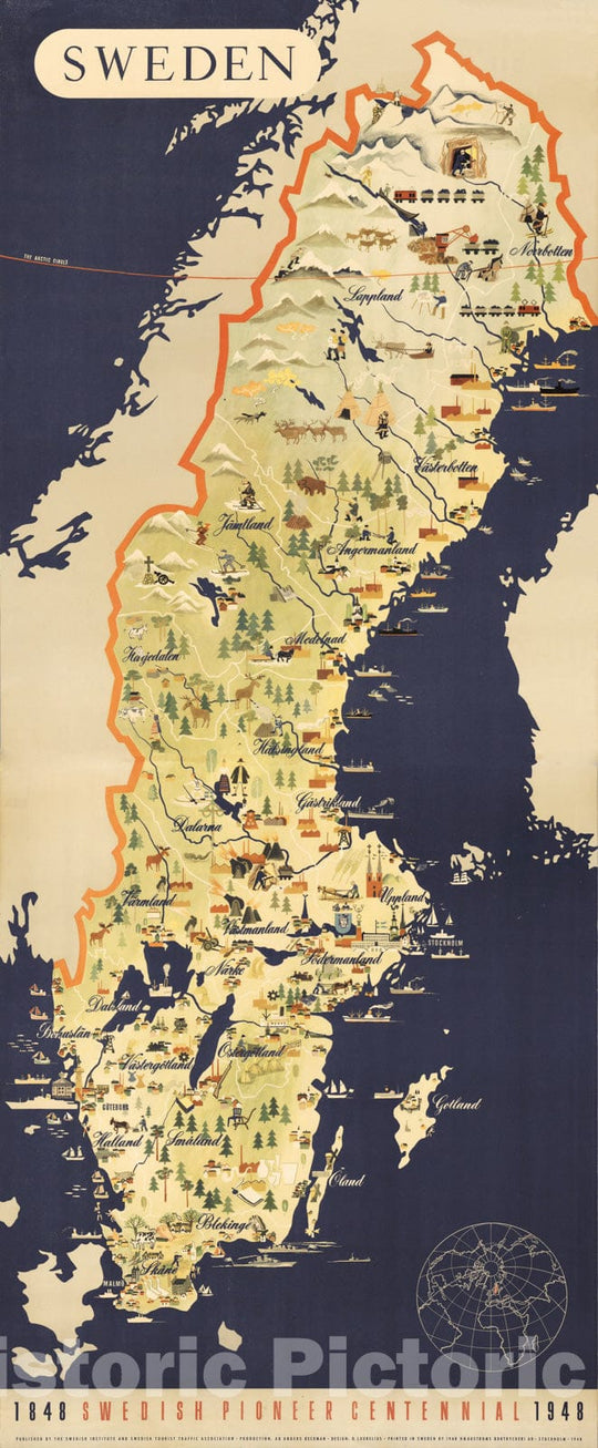 Historic Map - Sweden : 1848 Swedish Pioneer Centennial 1948 - Vintage Wall Art