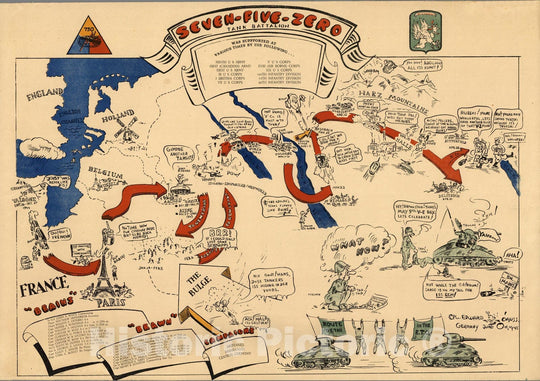 Historic Map : Seven-Five-Zero Tank Battalion. Cpl. Edward Oauss 1945 - Vintage Wall Art