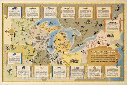 Historic Map : Ta-Non-Ka's Indians of the paper country. Badger Paper Mills, Inc. 1942 - Vintage Wall Art