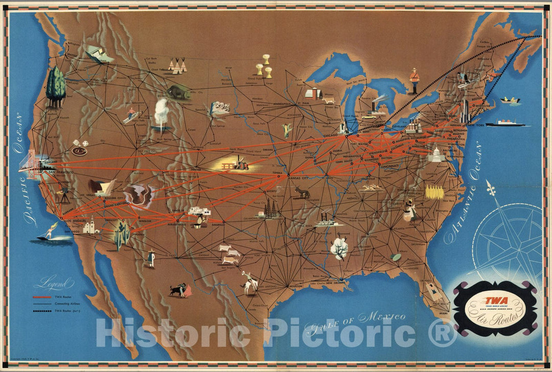 Historic Map : Pocket Map, United States: TWA Trans World Airline. U.S.A. Europe Africa Asia Air Routes 1948 - Vintage Wall Art