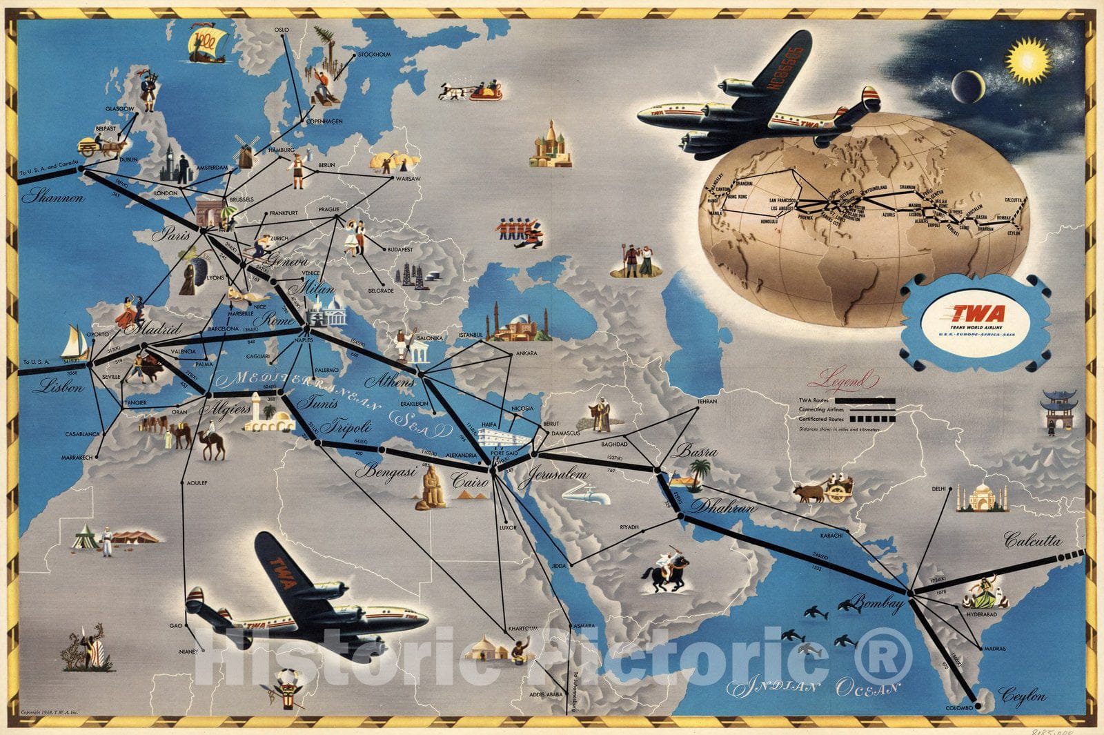 Historic Map : Pocket Map, World: TWA Trans World Airline. U.S.A. Europe Africa Asia Air Routes 1948 - Vintage Wall Art