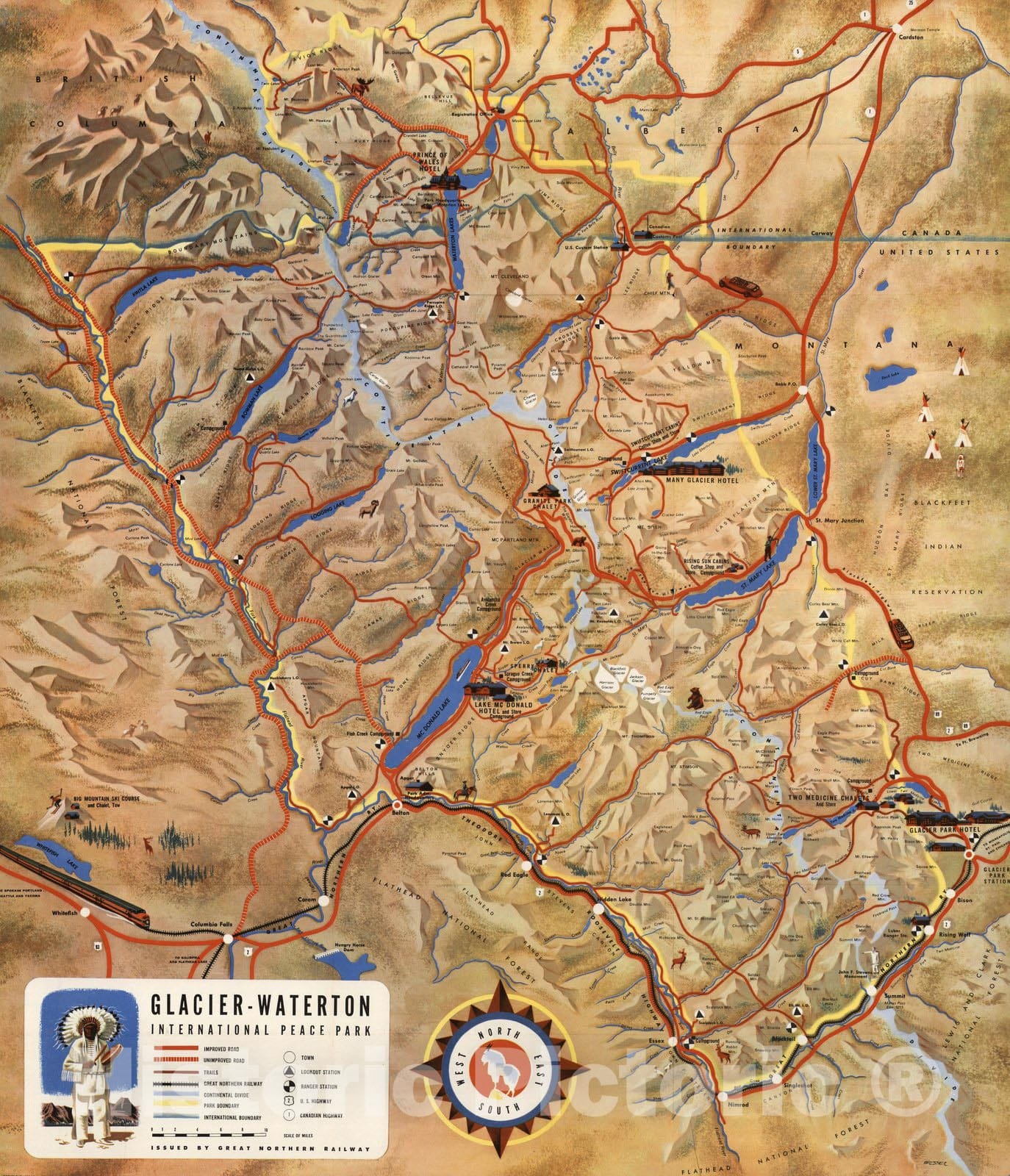 Historic Map : Pocket Map, Glacier - Waterton International Peace Park 1952 - Vintage Wall Art