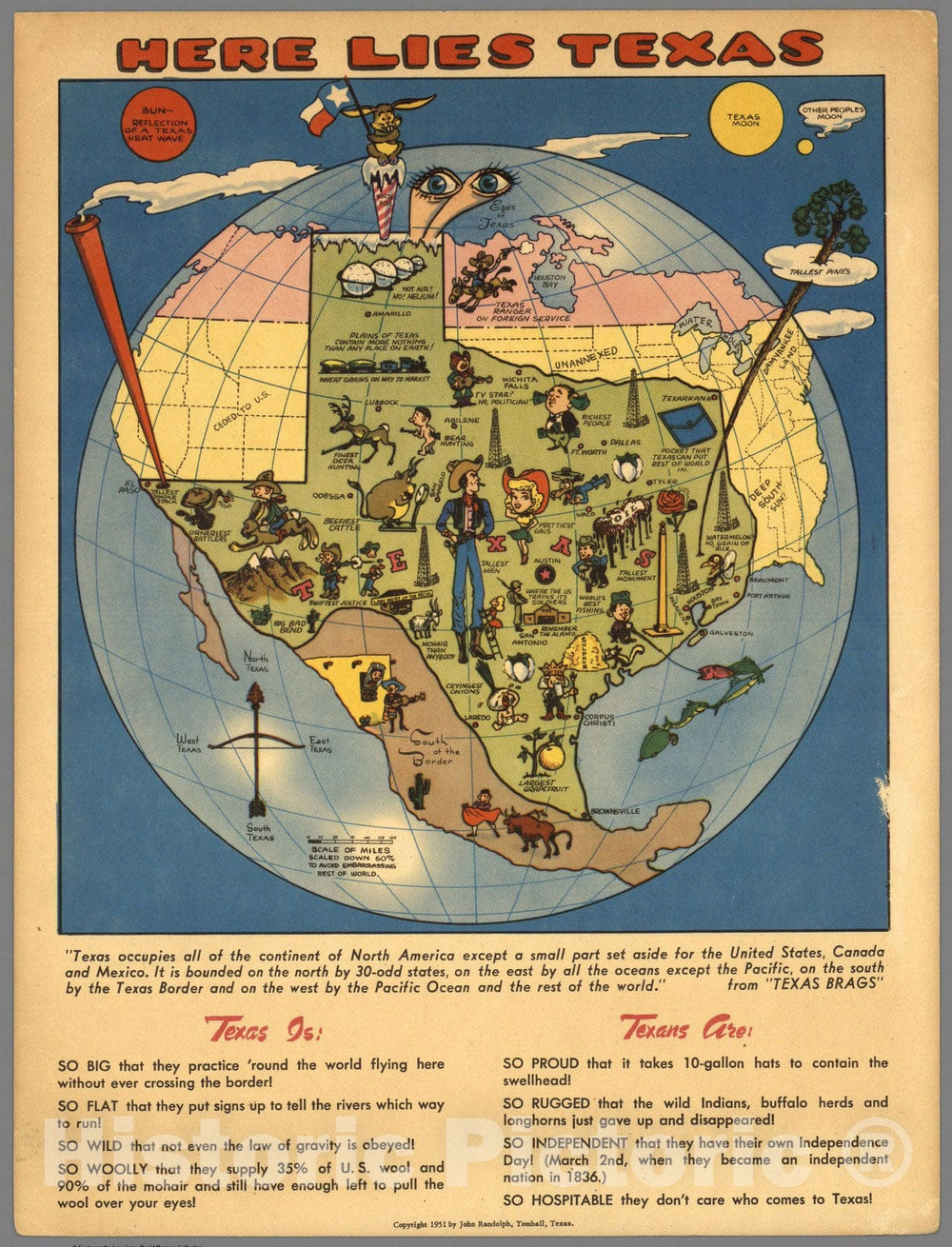 Historic Map - Here lies Texas. Copyright 1951 by John Randolph, Tomball, Texas 1951, Historic Map - Vintage Wall Art