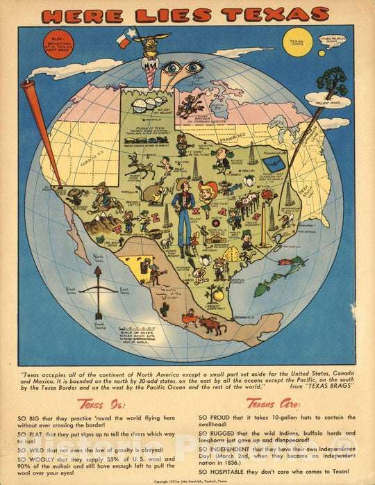 Historic Map - Here lies Texas. Copyright 1951 by John Randolph, Tomball, Texas 1951, Historic Map - Vintage Wall Art