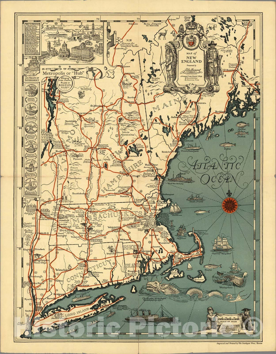 Historic Map - Map of New England : Presented by John Hancock Mutual Life Insurance Company, 1928, - Vintage Wall Art