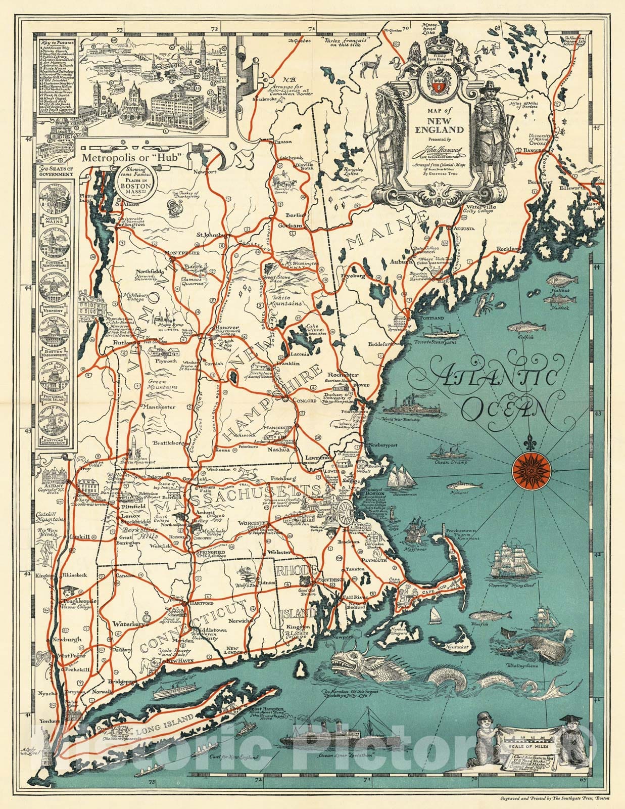 Historic Map - Map of New England : Presented by John Hancock Mutual Life Insurance Company, 1928, - Vintage Wall Art