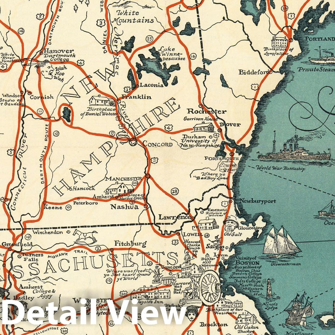 Historic Map - Map of New England : Presented by John Hancock Mutual Life Insurance Company, 1928, - Vintage Wall Art