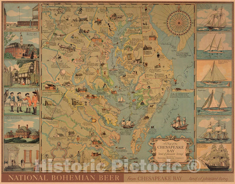 Historic Map - A map of the Chesapeake Bay :"land of pleasant living", 1959, - Vintage Wall Art
