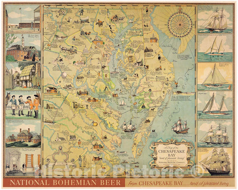 Historic Map - A map of the Chesapeake Bay :"land of pleasant living", 1959, - Vintage Wall Art