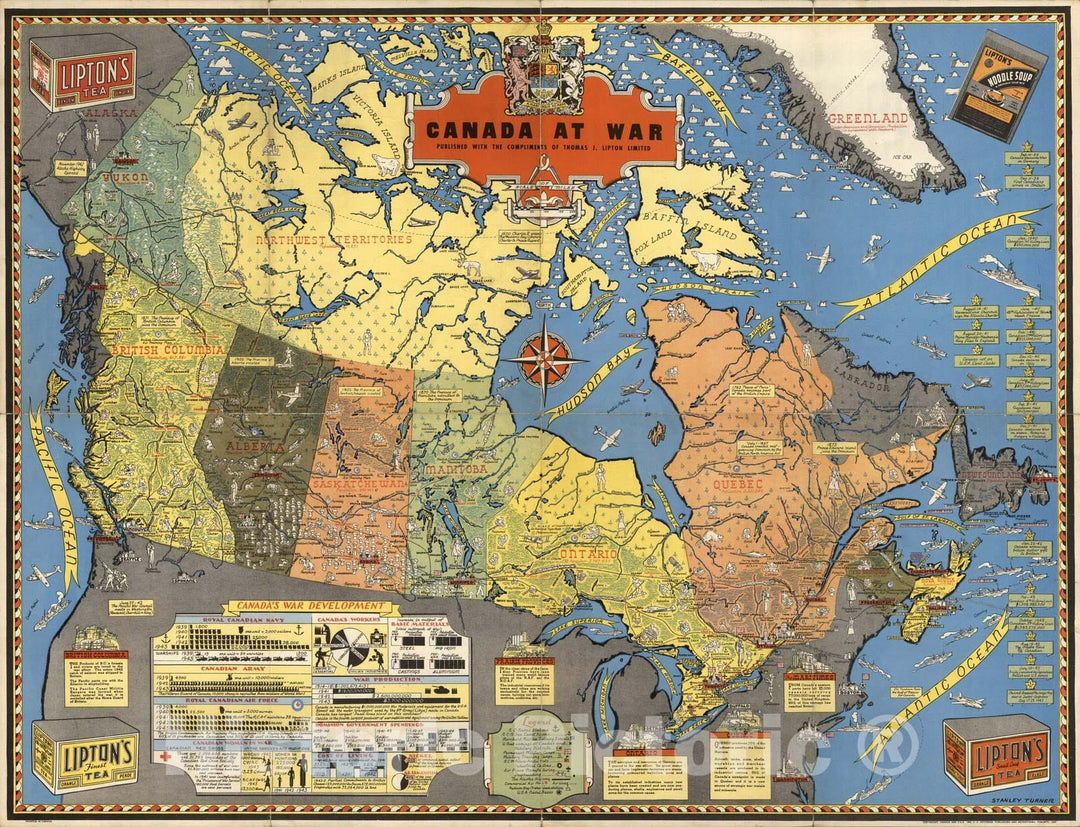 Historic Map : Canada at war. Stanley Turner 1944 - Vintage Wall Art