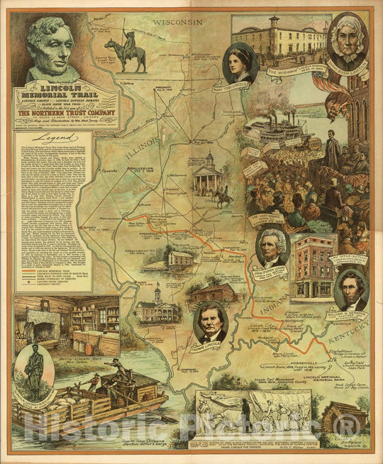 Historic Map : Lincoln memorial trail : Lincoln circuit, Lincoln Douglas debates, Black Hawk war trail 1940 - Vintage Wall Art