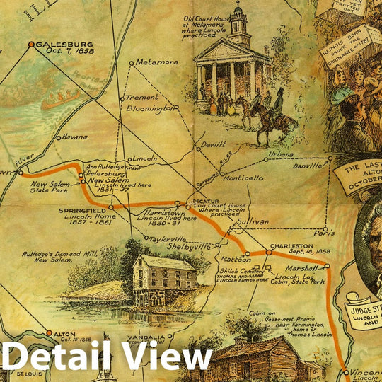 Historic Map : Lincoln memorial trail : Lincoln circuit, Lincoln Douglas debates, Black Hawk war trail 1940 - Vintage Wall Art