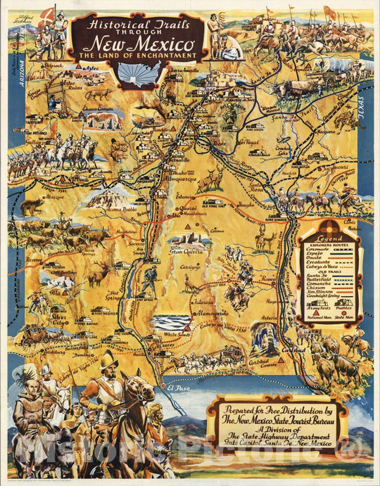 Historic Map : Pocket Map, Historical Trails Through New Mexico The Land of Enchantment 1940 - Vintage Wall Art