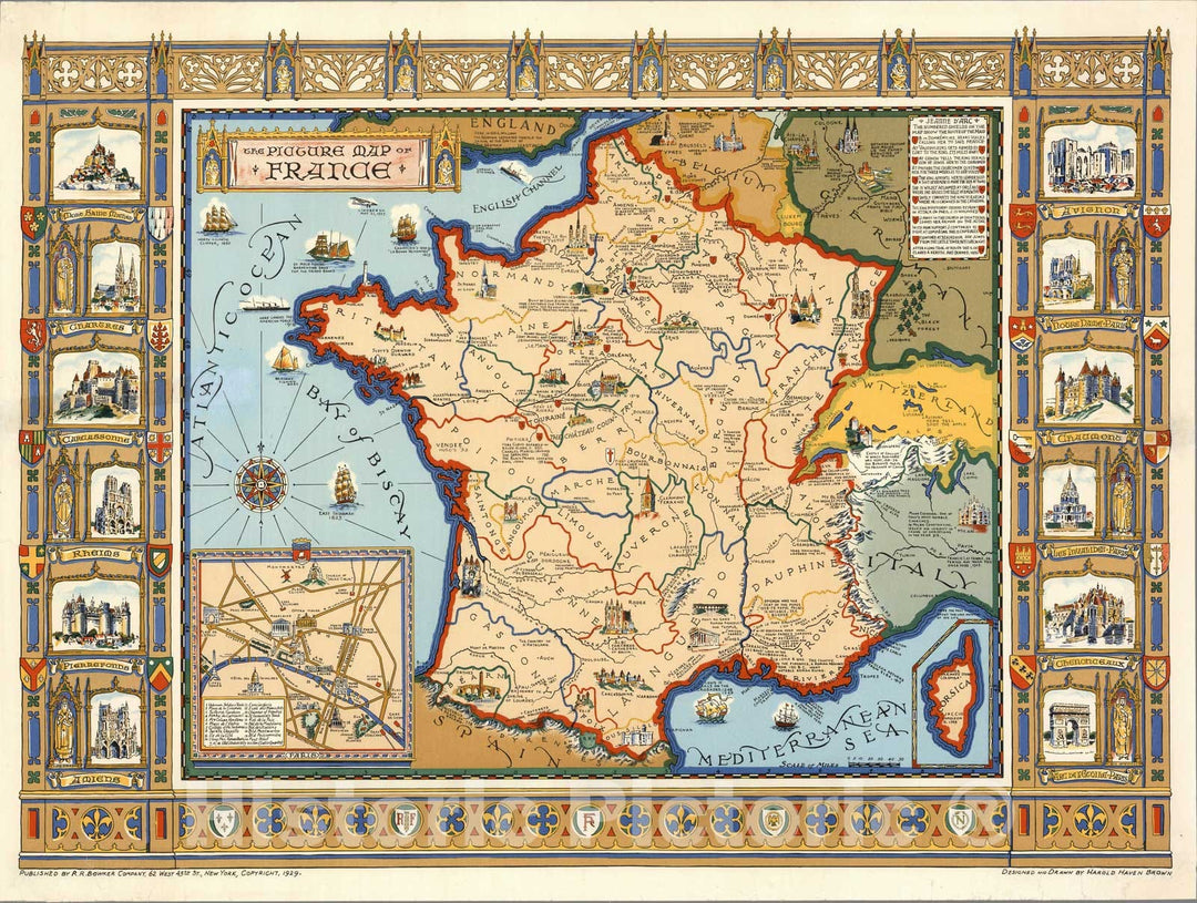 Historic Map : A picture map of France, 1929 - Vintage Wall Art