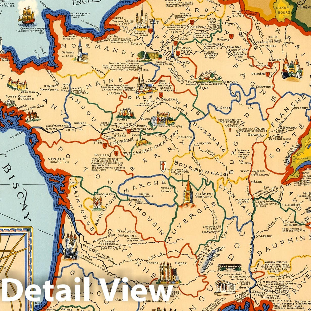 Historic Map : A picture map of France, 1929 - Vintage Wall Art