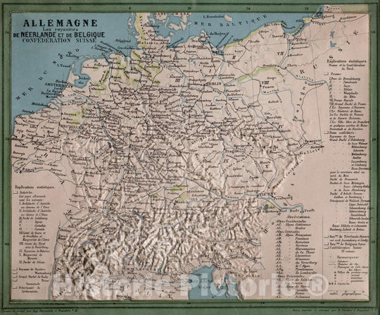 Historic Map : Germany,Allemagne Les royaumes de Neerlande et de Belgique Confederation Suisse 1865 v2 , Vintage Wall Art