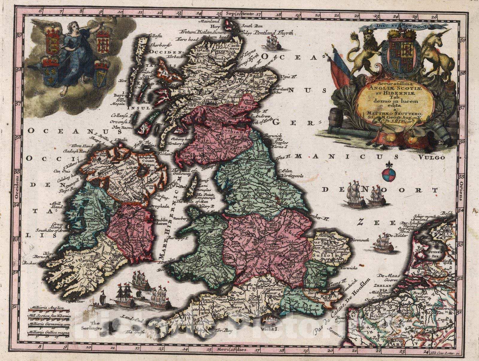 Historic Map : England, British IslesAccuratissima Angliae Scotiae et Hiberniae 1744 , Vintage Wall Art