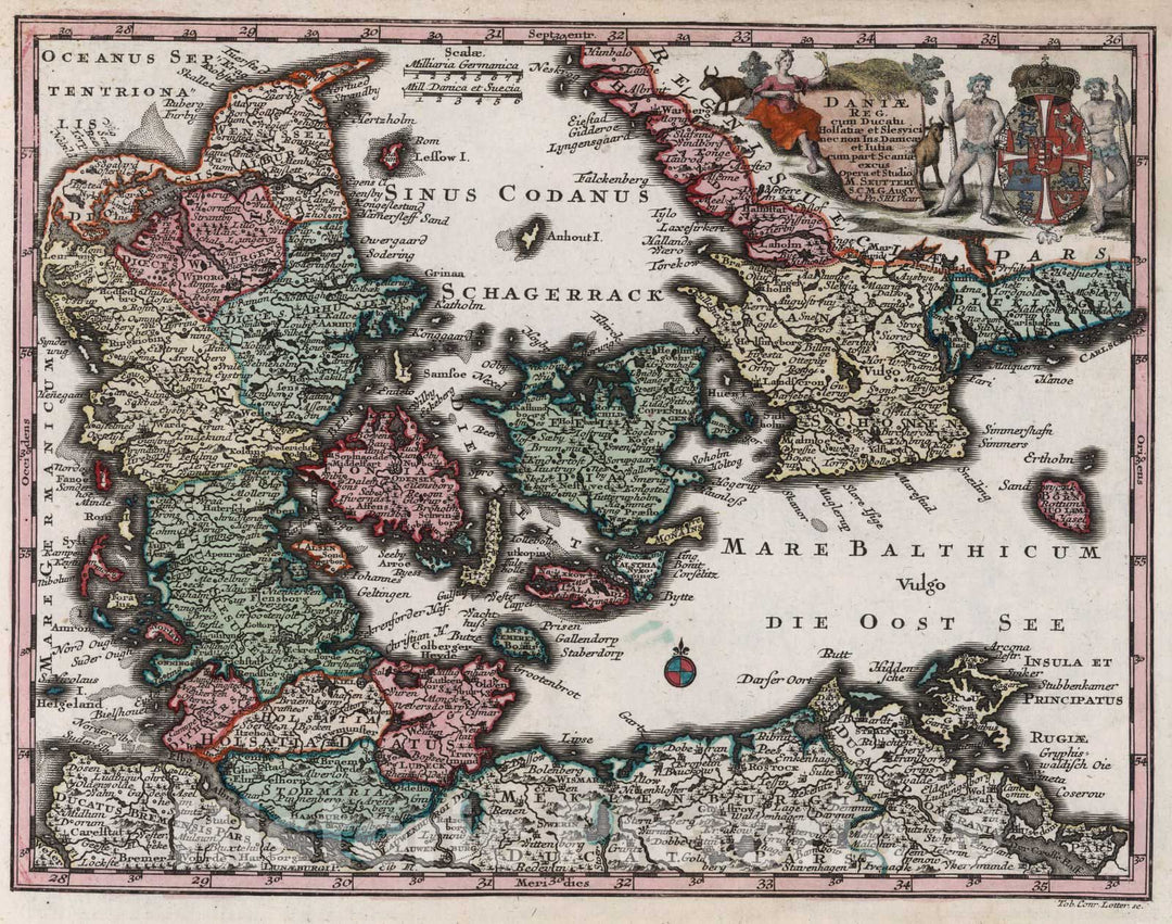 Historic Map : Denmark,Daniae Reg. cum Ducatu Holsatiae et Slesvici 1744 , Vintage Wall Art