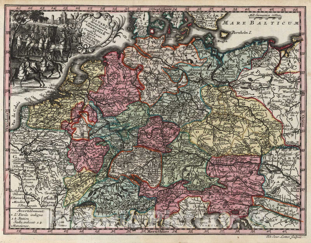 Historic Map : Germany,Postarum seu Cursorum Publicorum diverticula et mansiones per Germaniam 1744 , Vintage Wall Art