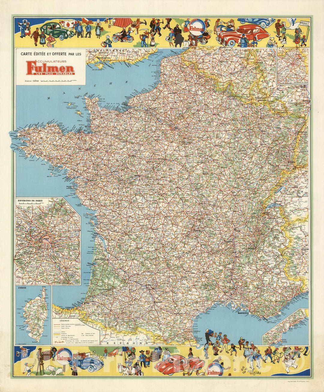 Historic Map : France, France : carte editee et offerte par les accumulateurs fulmen 1937 , Vintage Wall Art