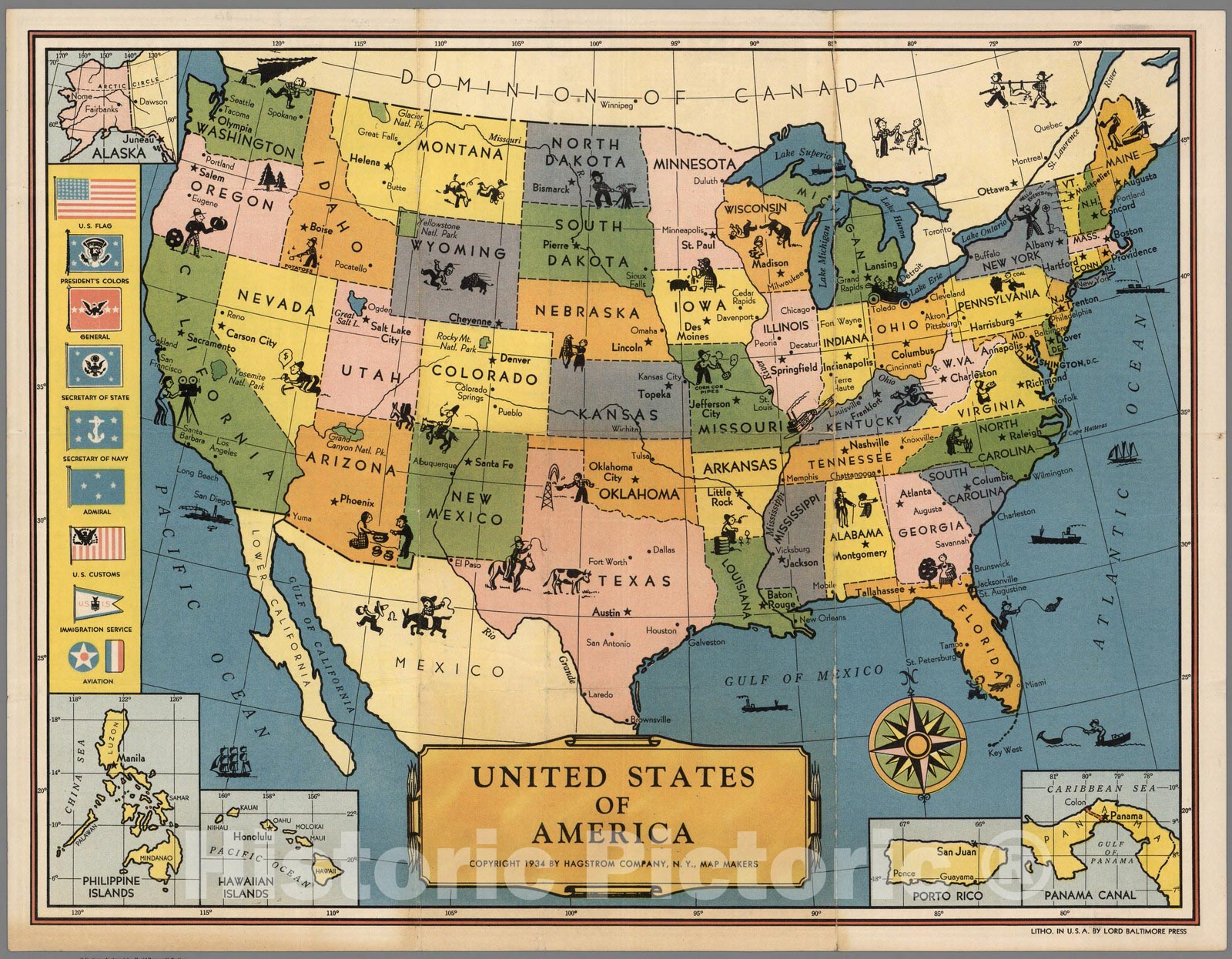 Historic Map : United States of America. Copyright 1934 by Hagstrom Company, N.Y. 1934 - Vintage Wall Art