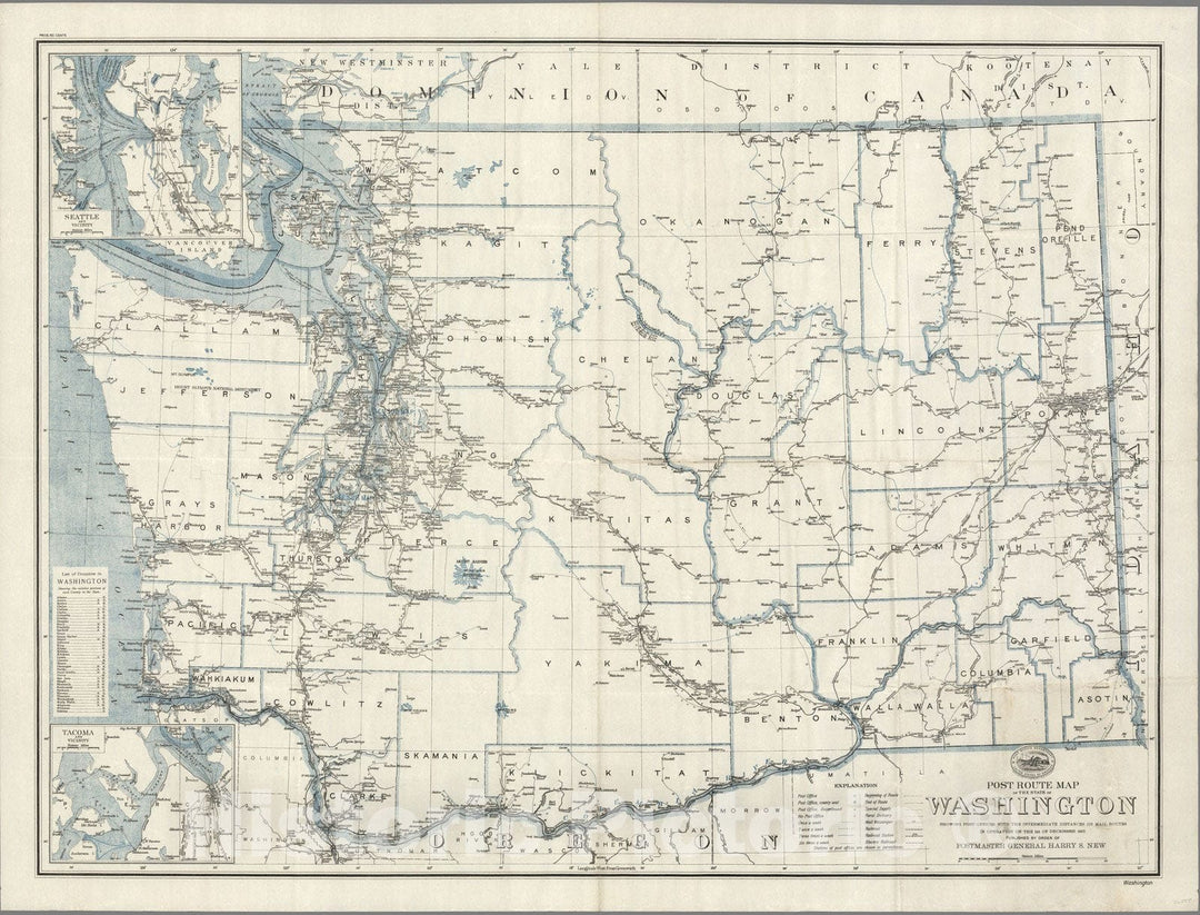 Historic Map : Post route map of the state of Washington, 1925 - Vintage Wall Art