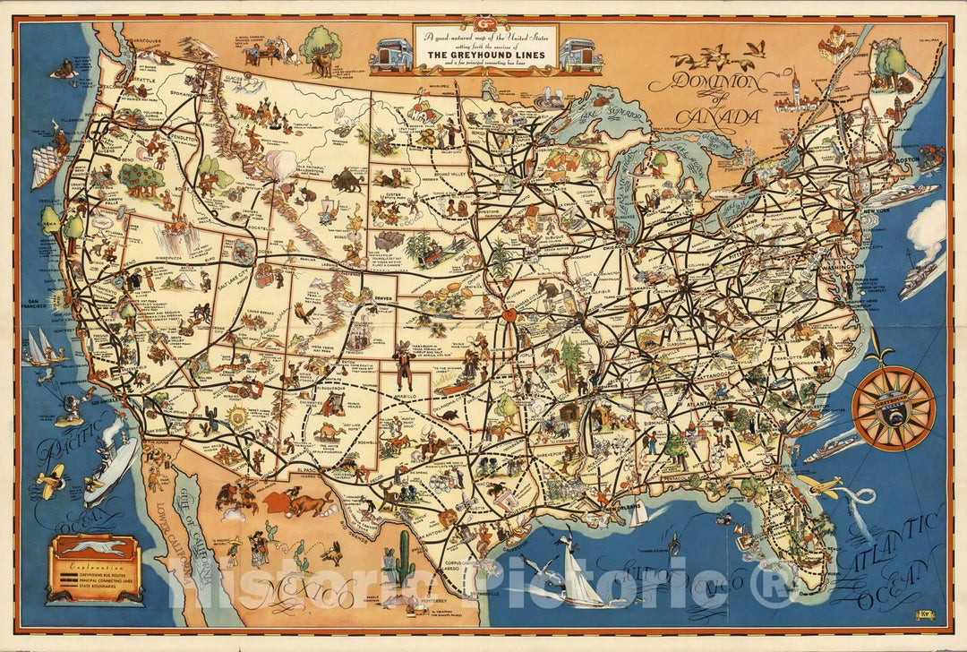 Historic Map : A good-natured map of the United States setting forth the services of The Greyhound Lines, 1933 - Vintage Wall Art