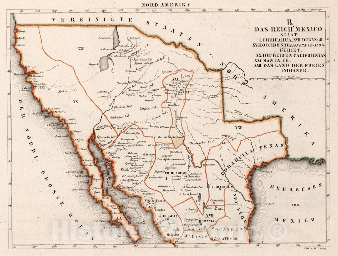 Historic Map : Mexico, Southwestern United States B. Das Reich Mexico 1830 , Vintage Wall Art