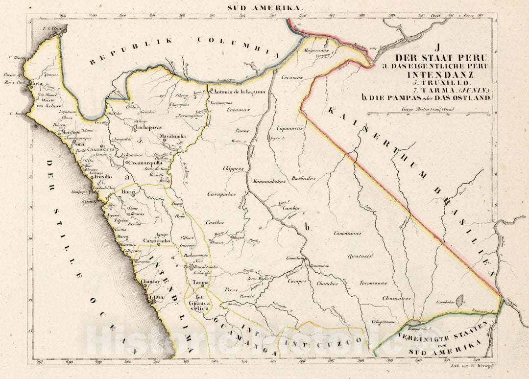 Historic Map : Peru, , South America J. Der staat Peru. a das eigentliche Peru. Intendanz. 1830 , Vintage Wall Art