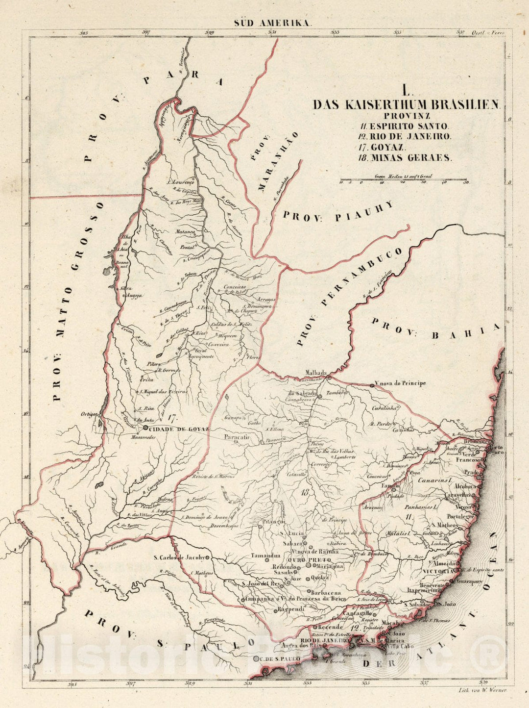 Historic Map : Brazil, , South America L. Das kaiserthum Brasilien. Provinz 11-2, 17-18 1830 , Vintage Wall Art