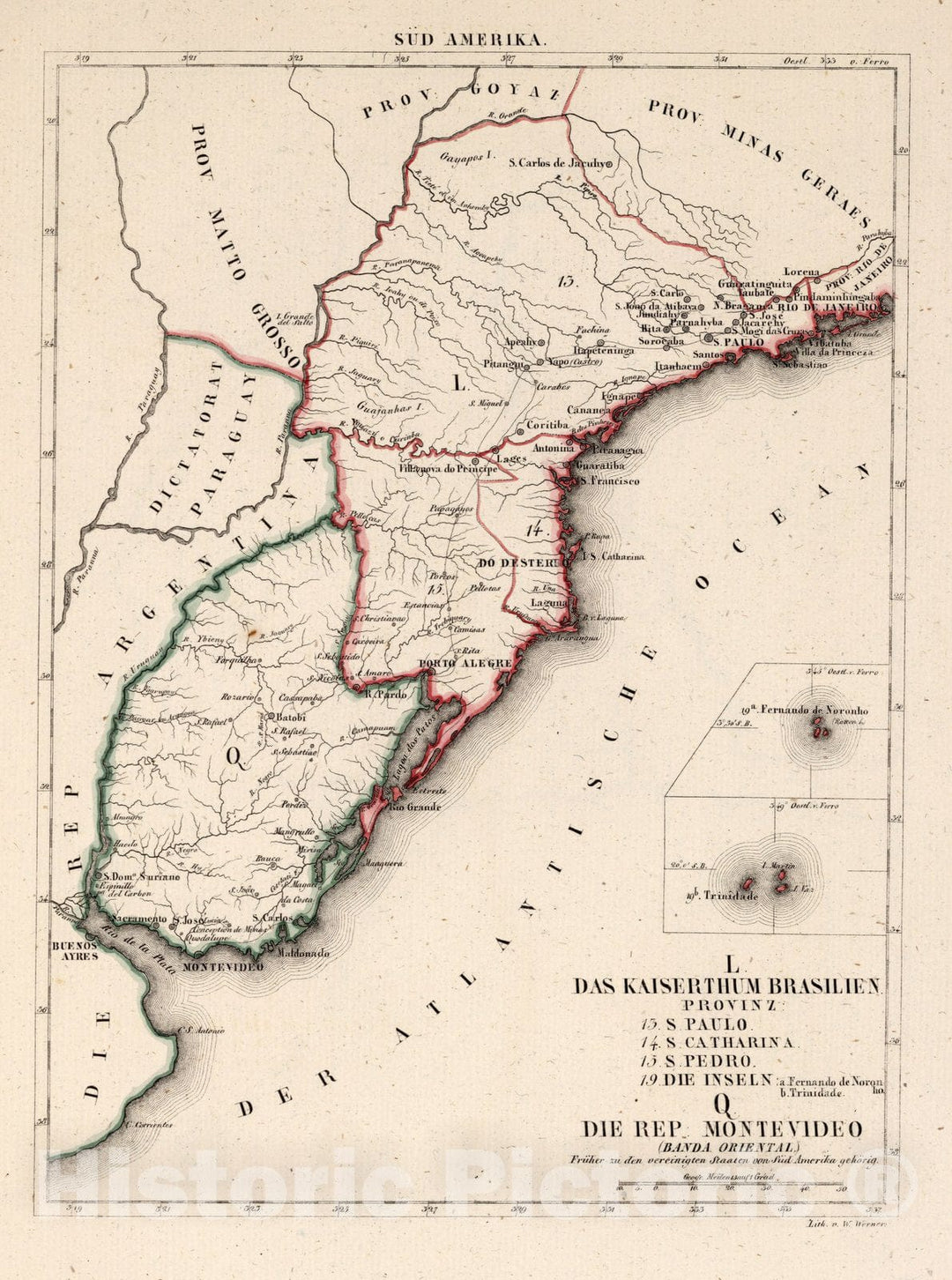 Historic Wall Map : Brazil, , South America L. Das kaiserthum Brasilien. Provinz 13-14, 15, 19. Q. Die Rep. Montevideo 1830 , Vintage Wall Art