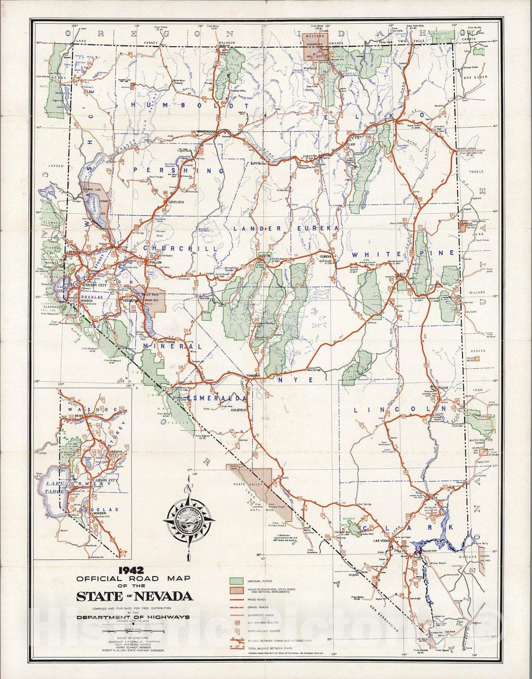 Historic Map : Pocket Map, Early trails of Nevada 1942 - Vintage Wall Art