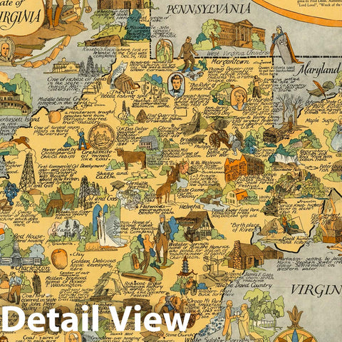 Historic Map : A romance map of State of West Virginia. Drawn by M. Bridgewater, 1938 - Vintage Wall Art